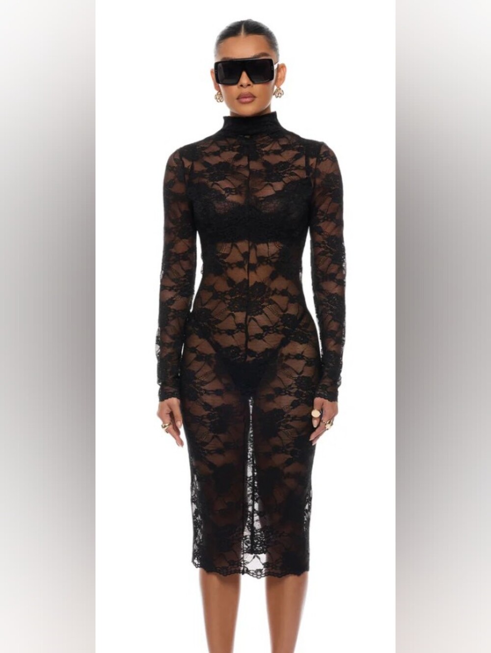 NWT Fashion Nova Black Sheer Lace Midi Dress SZ M